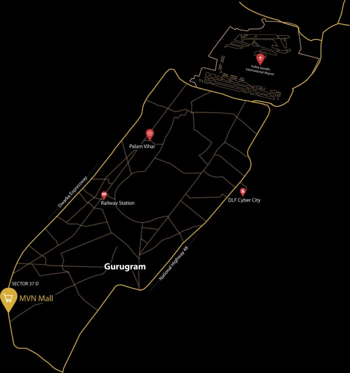 Line drawing of a map showing the location of MVN Mall.